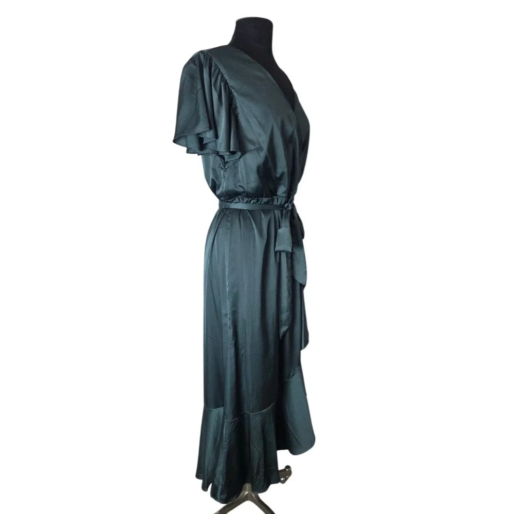 Nicole Miller Emerald Green Satin Wrap Dress Ruffled Hem Flutter Sleeve Size M/L - Picture 4 of 8